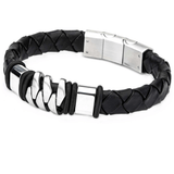 KILOWATT Steel and Black Leather Modern Style Bracelet for Men