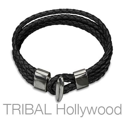 QUARTERDECK BLACK Braided Multi-strand Mens Leather Bracelet