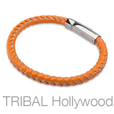 ORANGE FIZZ Mens Bracelet with Braided Orange Leather and Stainless Steel Threads