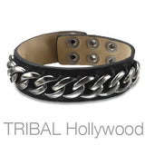 MOJO Black Leather Cuff Bracelet with Stainless Steel Curb Chain