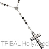 BLING SANCTUARY CZ Studded Steel Cross Mens Rosary Bead Necklace