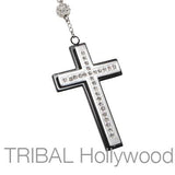 BLING SANCTUARY CZ Studded Steel Cross Mens Rosary Bead Necklace