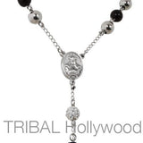 BLING SANCTUARY CZ Studded Steel Cross Mens Rosary Bead Necklace