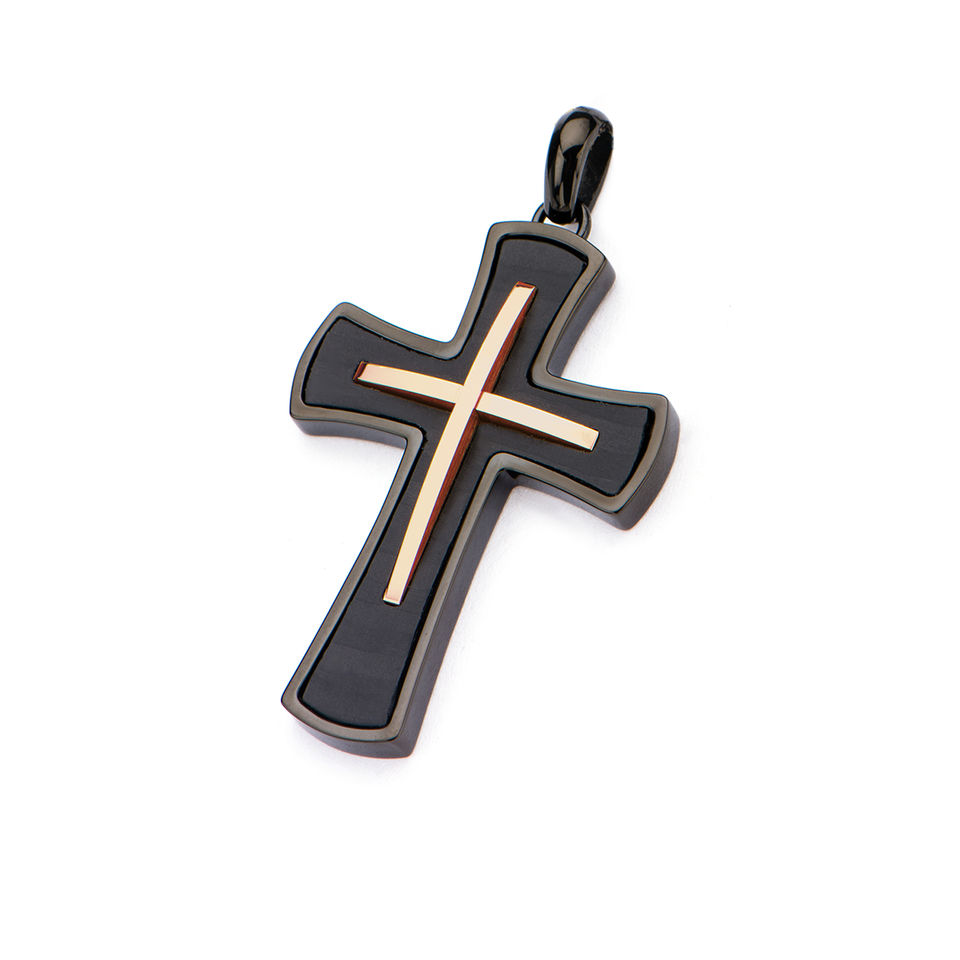 STRATIFIED CROSS Layered Black and Rose Gold Steel Mens Chain Pendant