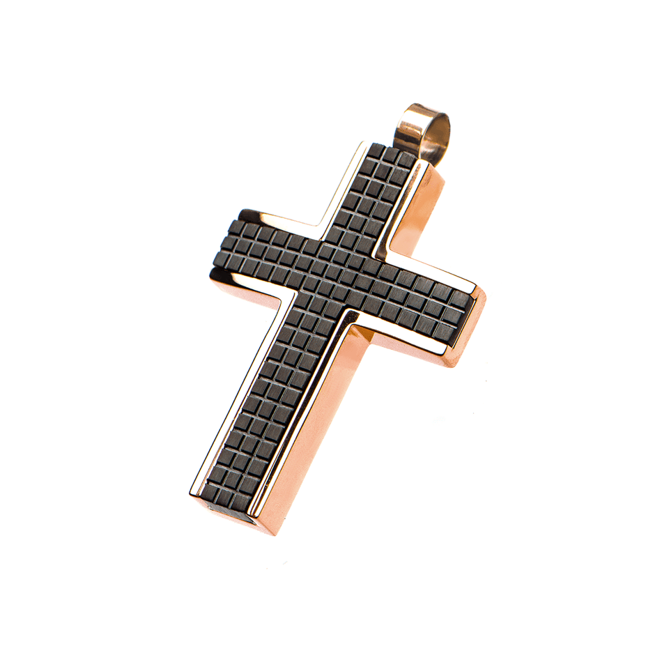 GRIDWORK CROSS Black Steel Patterned Chain Pendant and Rose Gold Frame