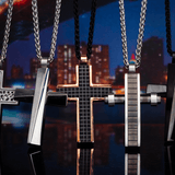GRIDWORK CROSS Black Steel Patterned Chain Pendant and Rose Gold Frame