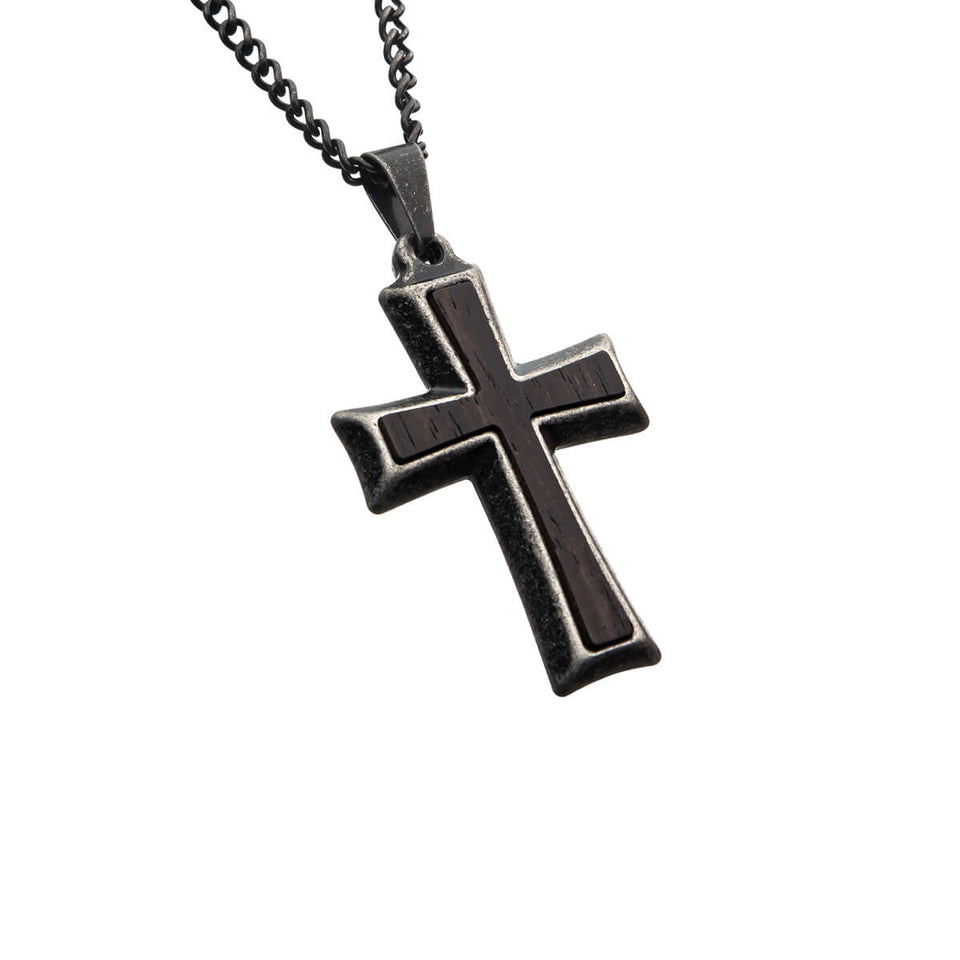 MOUNTED CROSS BLACK Stainless Steel and Antique Steel Mens Necklace