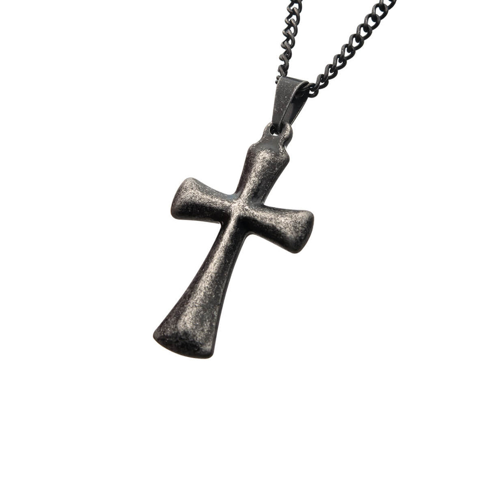 AGED CROSS Antique Steel Mens Pendant Necklace with Curb Link Chain