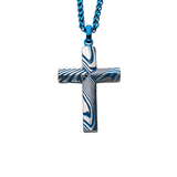 BLUE STRIPE CROSS Damascus Steel Cross Pendant Chain with Blue Steel