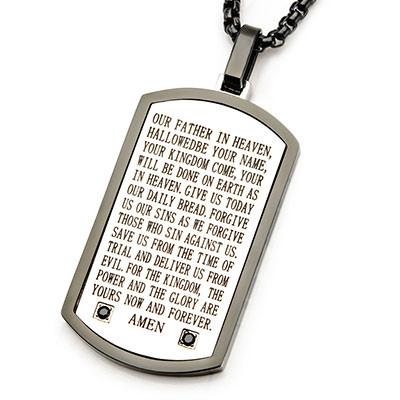 AMEN Lords Prayer Stainless Steel CZ Stones Mens Dog Tag Necklace