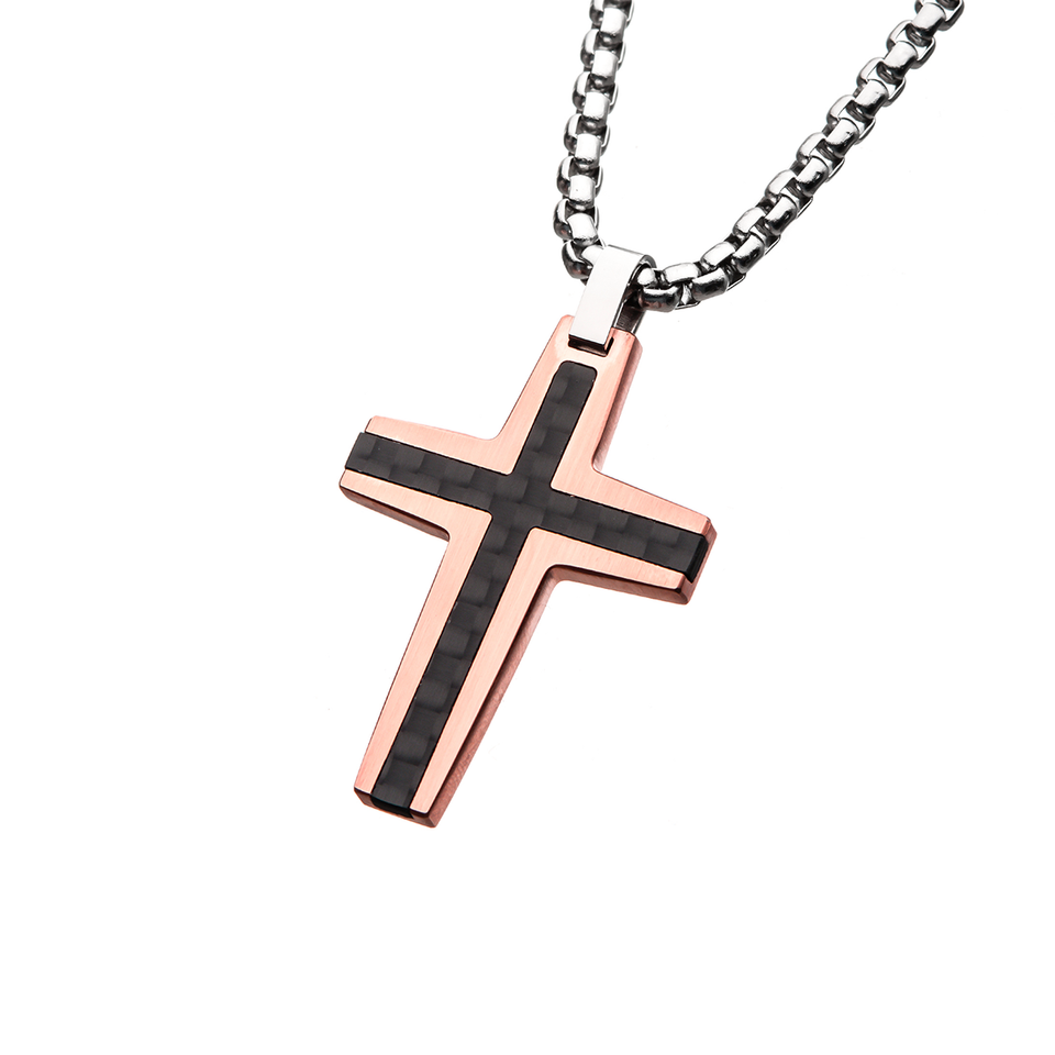 AURIC CROSS Rose Gold Steel Mens Pendant Chain with Carbon Fiber Inlay