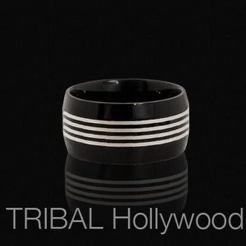 THE GIG Pinstriped Mens Ring in Black Stainless Steel