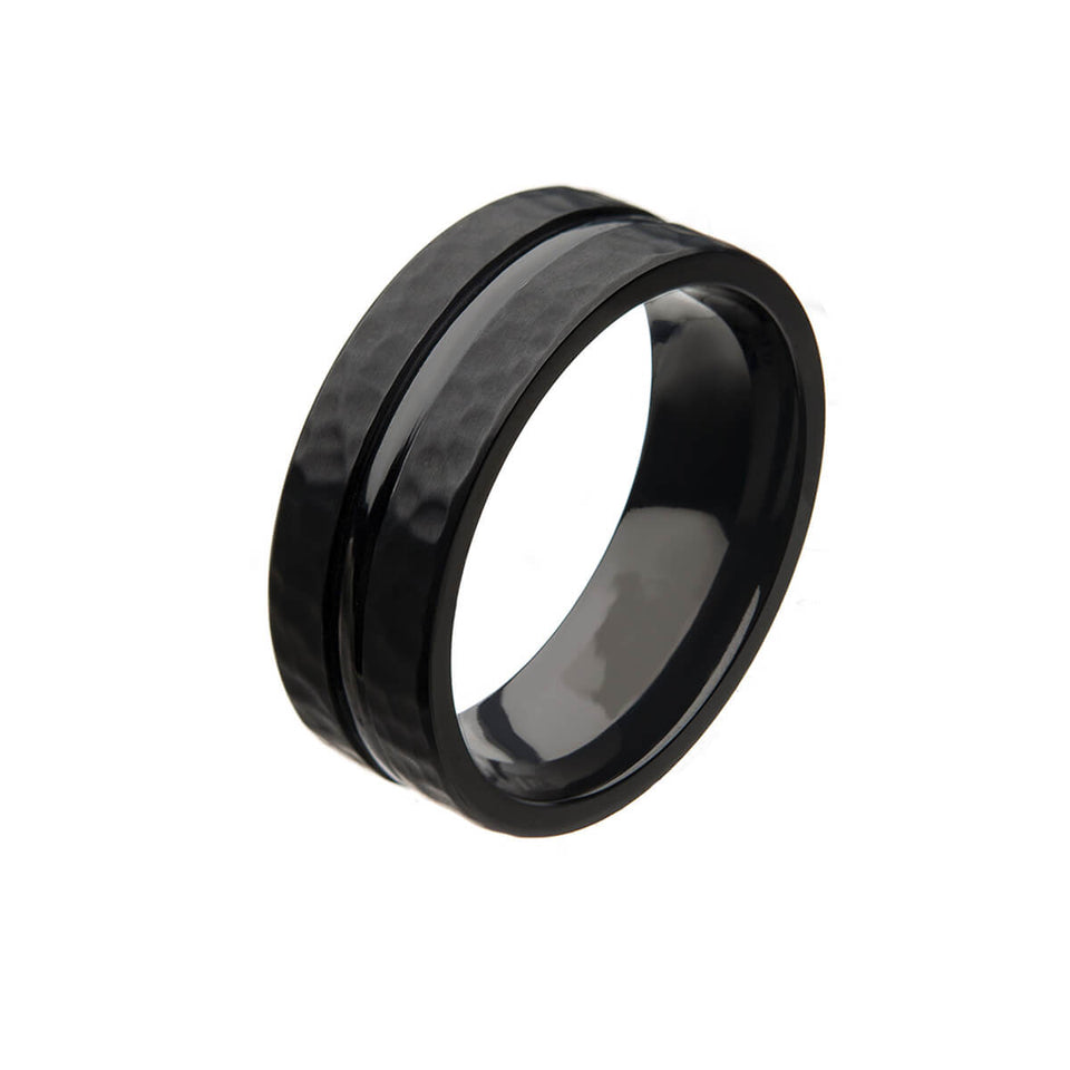 BLACKROCK Hammered Black Zirconium Mens Band Ring