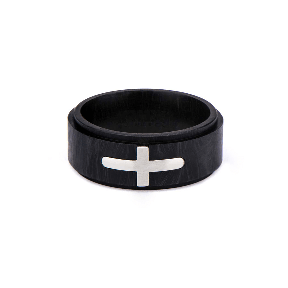 PREACHER Black Carbon Graphite Mens Ring with Shining Steel Cross