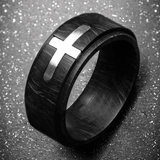 PREACHER Black Carbon Graphite Mens Ring with Shining Steel Cross