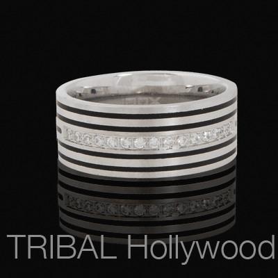 PINSTRIPE Mens Cubic Zirconia Studded Ring in Striped Stainless Steel