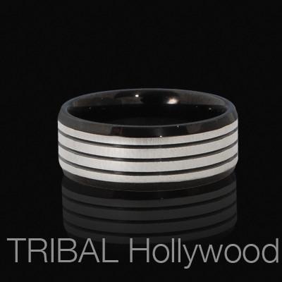 LUXURY Black Stainless Mens Ring with Classic Stripes