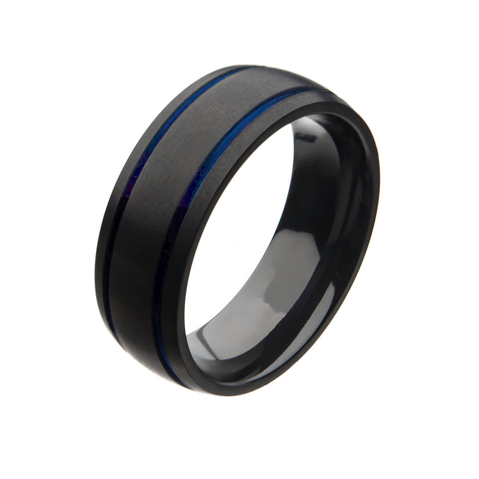 DAPPER Black Zirconium Band Ring for Men with Blue Stripes