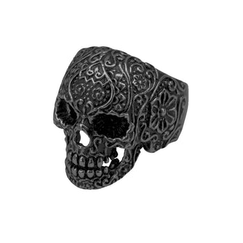 BLACK SUGAR SKULL Ring For Men Black Steel Day of the Dead Skull Ring