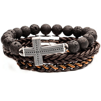 THE TENET Steel Cross Bracelet Stack with Brown Leather and Lava Beads