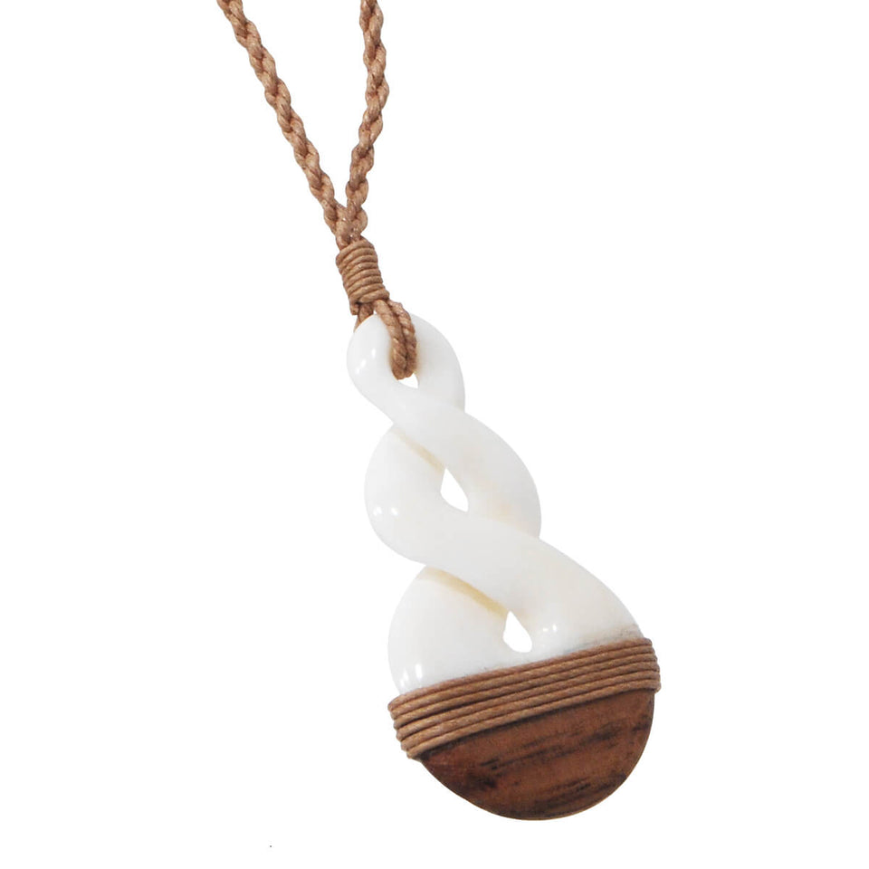 Maori DOUBLE TWIST Bone and Koa Wood Rope Necklace