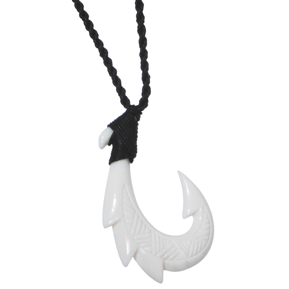 Hei Matau FISHHOOK BONE Black Rope Necklace - Triple Barb