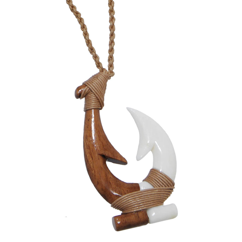 Hawaiian FISHHOOK HALF BONE Half Koa Wood Rope Necklace