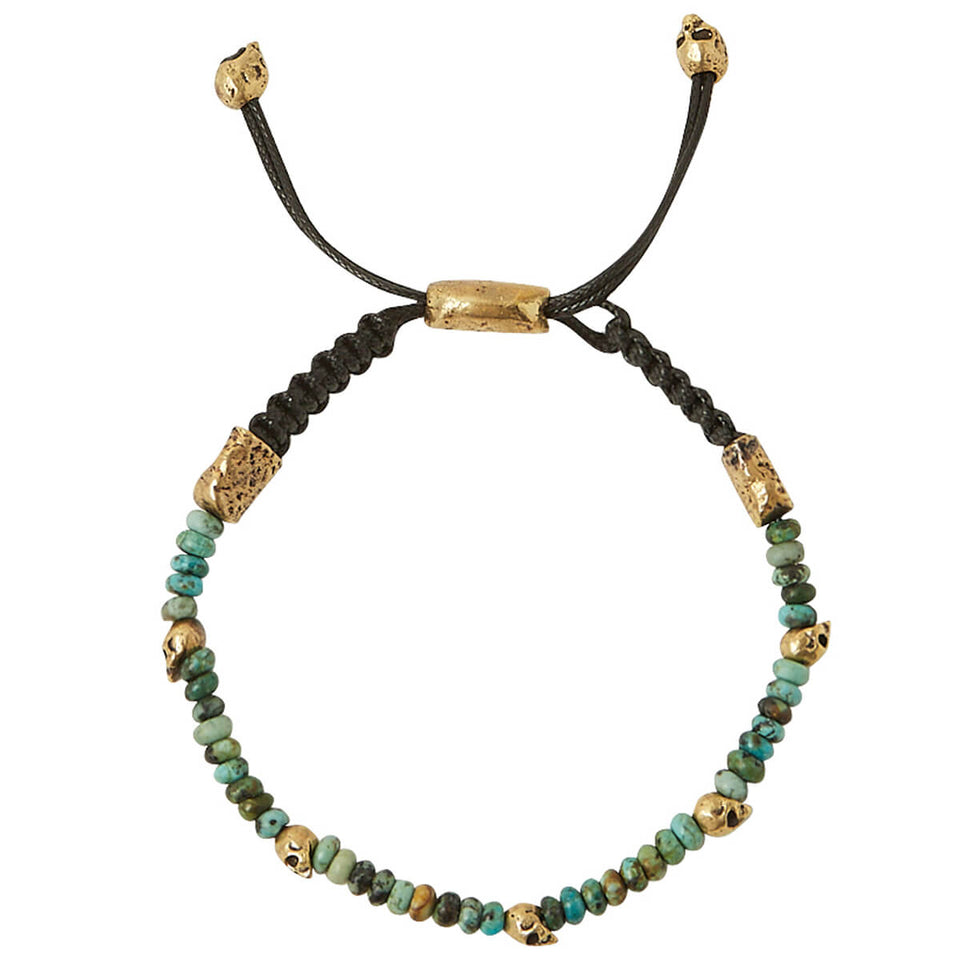 John Varvatos TURQUOISE AND BRASS SKULL Thin Width Mens Bead Bracelet