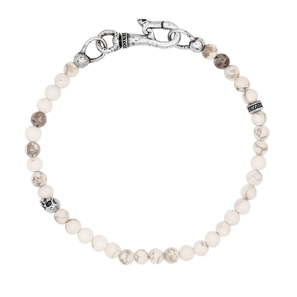 John Varvatos HOWLITE AND SILVER SKULL White Beaded Mens Bracelet
