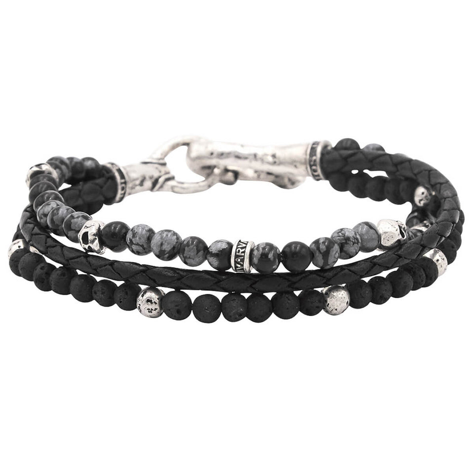 John Varvatos DARK STONE TRIPLE STRAND Bead and Leather Mens Bracelet