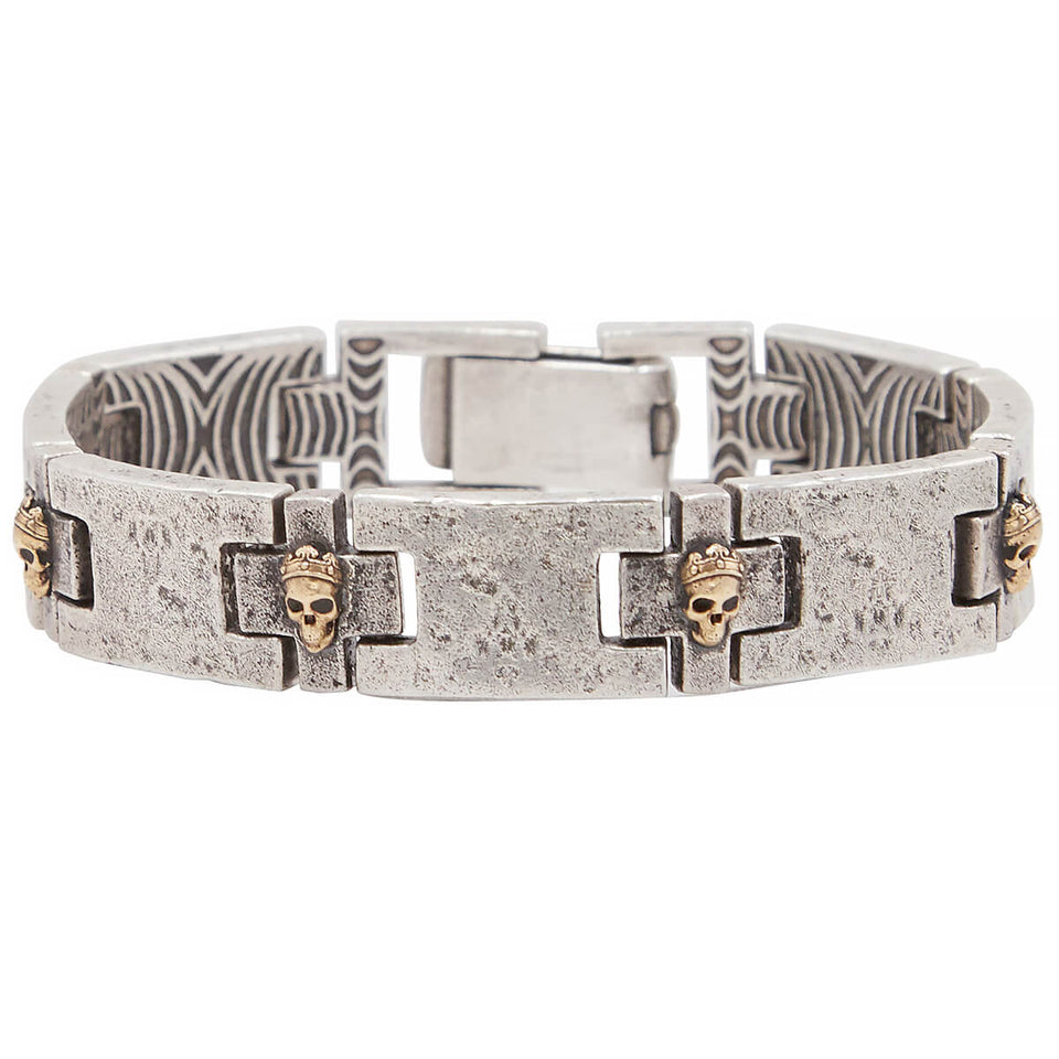 John Varvatos BRASS CROWNED SKULLS Distressed Silver Bracelet for Men