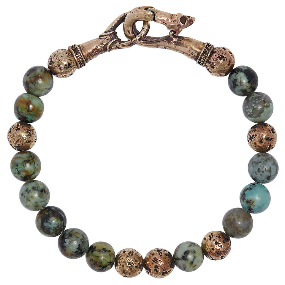 John Varvatos TURQUOISE AND BRASS Thick Width Mens Bead Bracelet