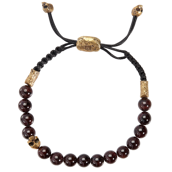 John Varvatos Mens RED GARNET BEAD Adjustable Bracelet w Brass Skull