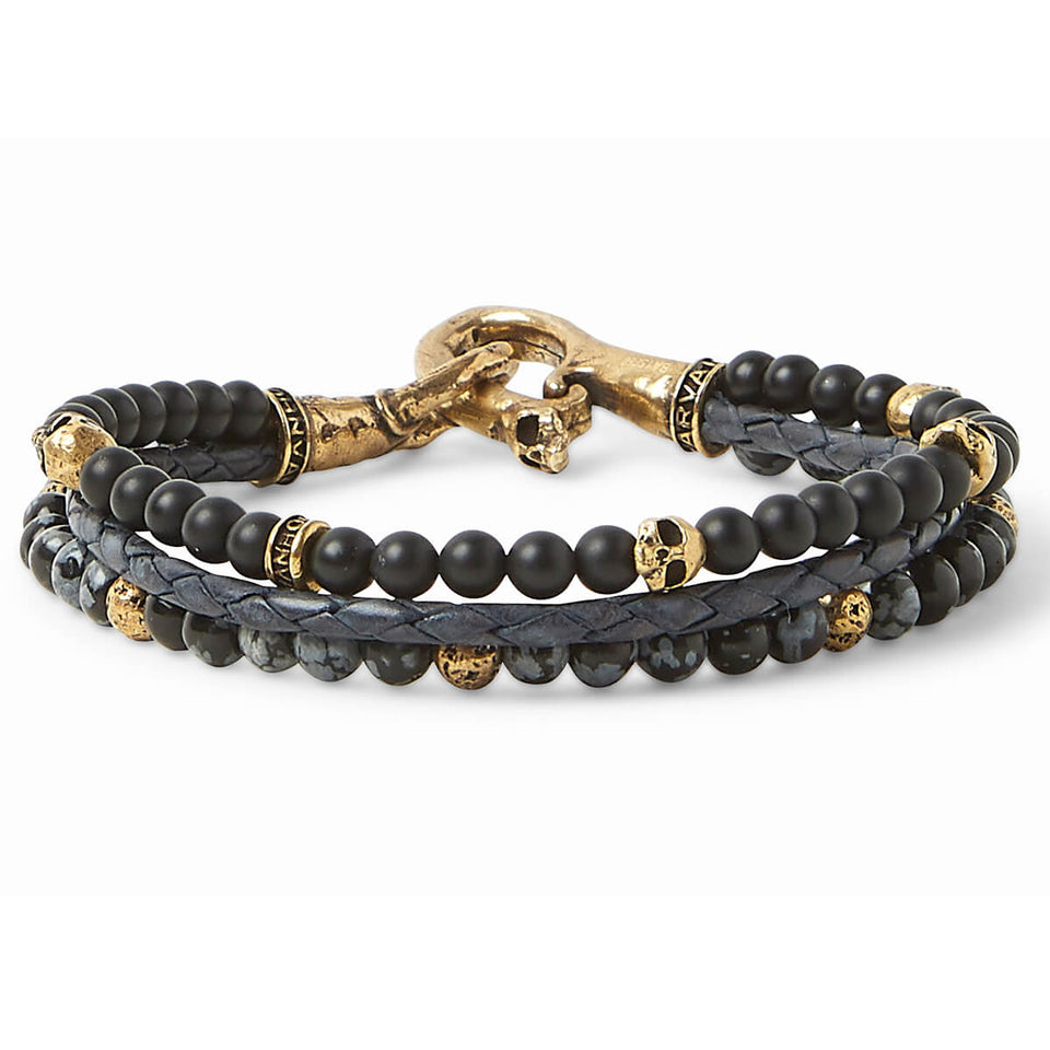 John Varvatos BRASS TRIPLE STRAND Mens Bracelet with Leather and Beads