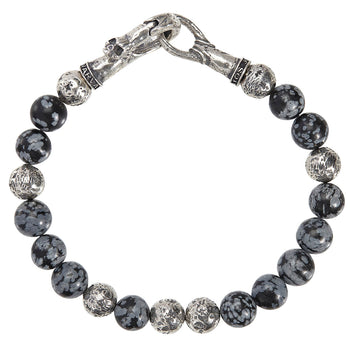 John Varvatos OBSIDIAN AND SILVER Bead Bracelet with Skull Clasp