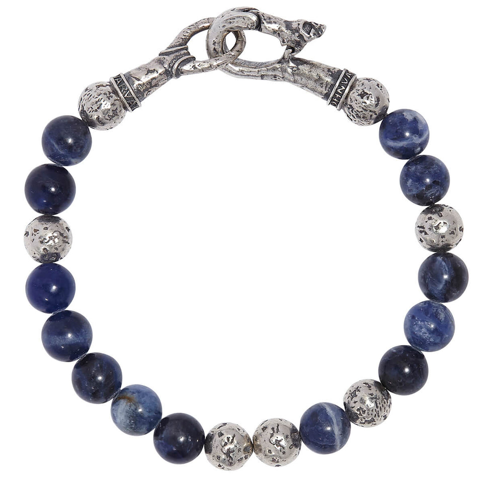 John Varvatos BLUE SODALITE AND SILVER Bead Bracelet with Skull Clasp