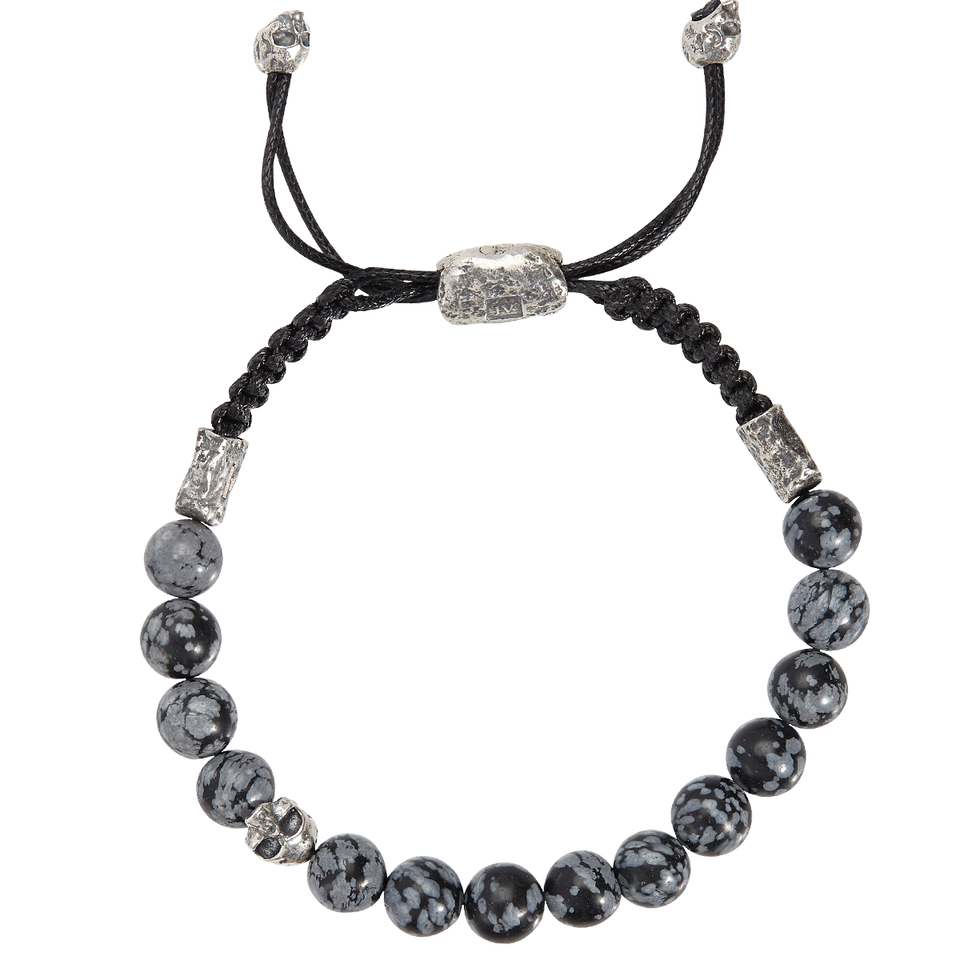John Varvatos OBSIDIAN BEAD Adjustable Bracelet with Silver Skulls