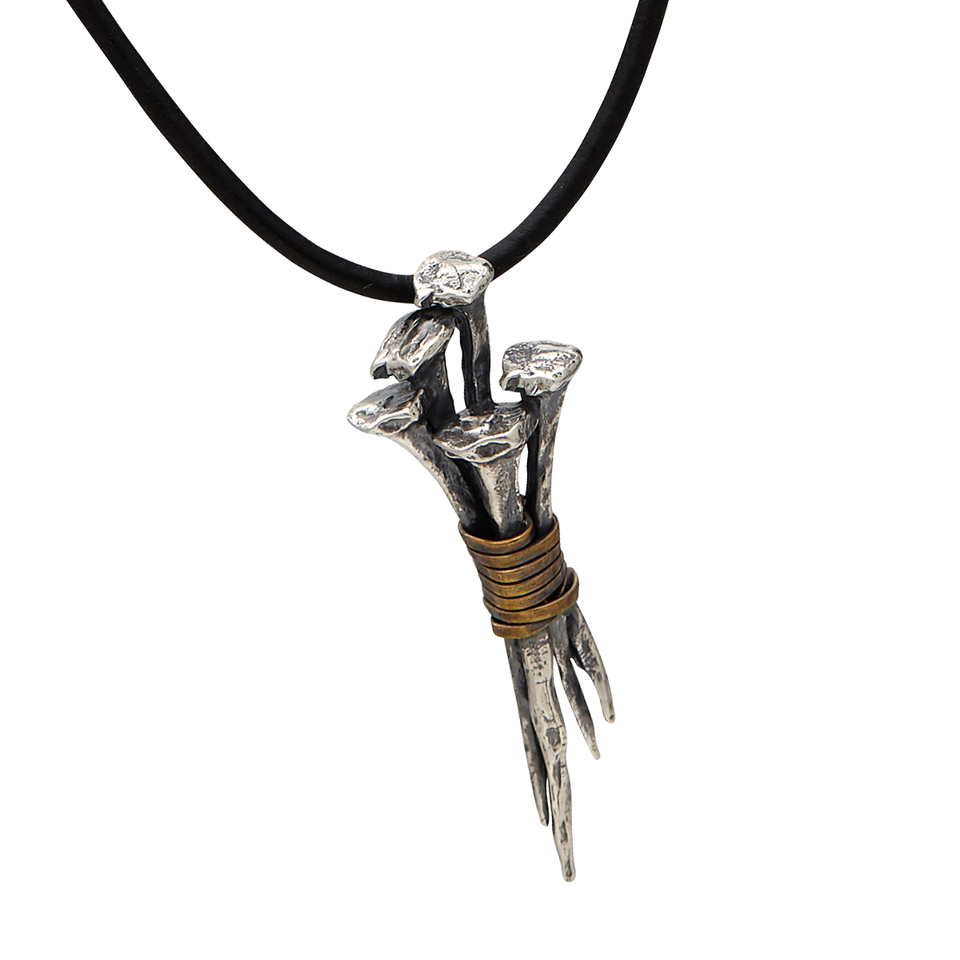 John Varvatos SILVER NAILS with Brass Mens Black Leather Necklace