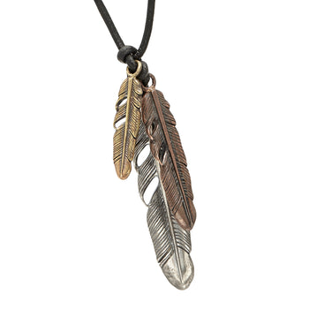 John Varvatos THREE FEATHERS Brass Silver and Bronze Leather Necklace