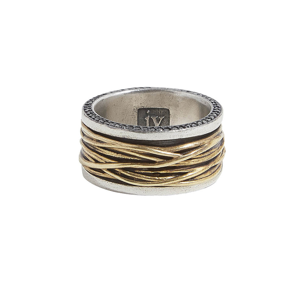 John Varvatos BRASS WIRE RING for Men in Silver with Black Diamonds