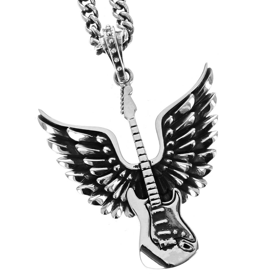 WINGED GUITAR Mens Necklace in Sterling Silver by King Baby
