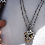 Model Wearing NEMEAN LION Silver Mens Pendant Necklace with Gold Alloy Skull & Serpent Skull Necklace