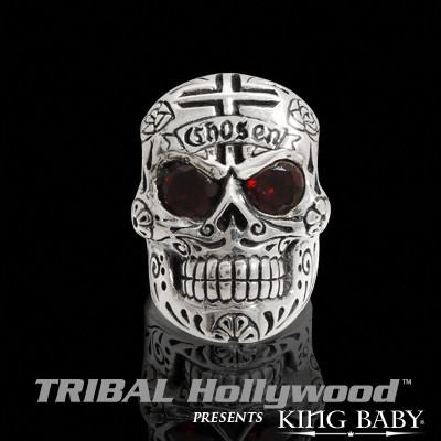 CHOSEN RED GARNET EYED DAY OF THE DEAD SKULL Sterling Silver Mens Ring by King Baby