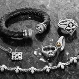 LEATHER MB CROSS CUFF Bracelet for Men with King Baby Sterling Silver