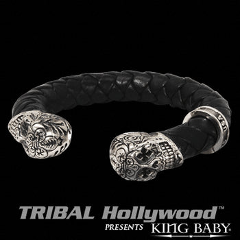 King Baby DAY OF THE DEAD SKULLS in Silver Mens Leather Cuff Bracelet