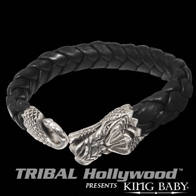 DRAGON Small Braided Leather Bracelet with Silver Dragon Clasp by King Baby