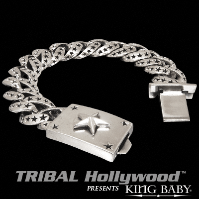 King Baby X-LARGE LINK NEW STARS Mens Silver Bracelet w Star Clasp