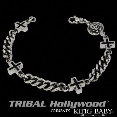 King Baby X-LARGE LINK NEW STARS Mens Silver Bracelet w Star Clasp