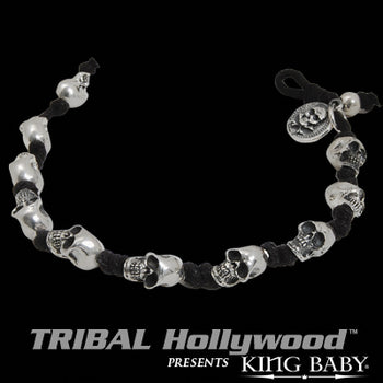 KNOTTED SKULL Black Cord and Sterling Silver Mens Bracelet by King Baby