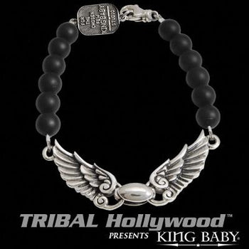 King Baby WINGSPAN Bird Wings Silver and Black Onyx Mens Bead Bracelet